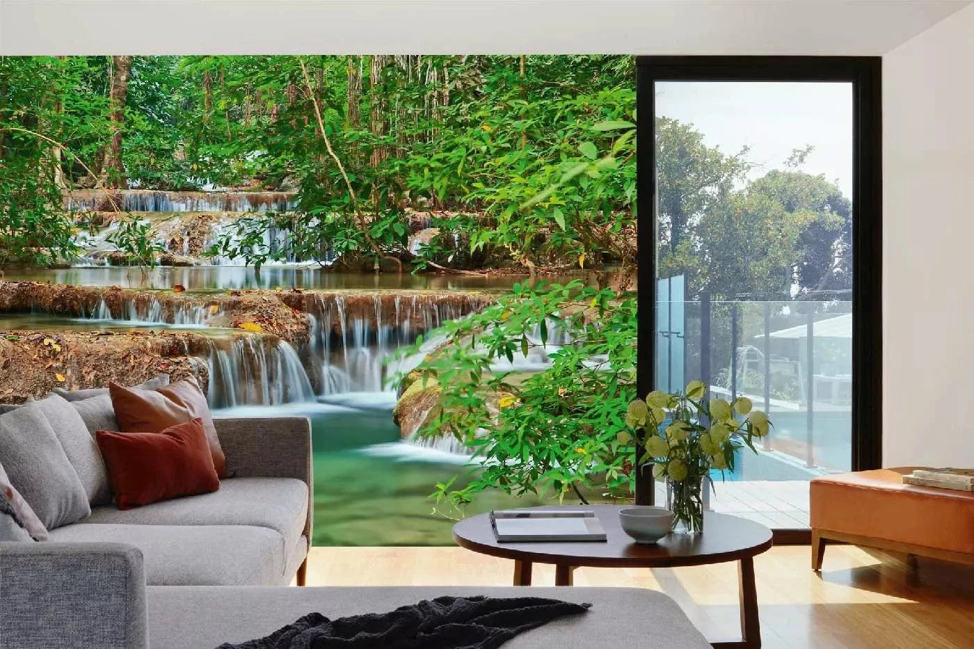 Fototapetes ar ūdenskritumu - Ūdenskritums Taizemes mežā, zaļā krāsā D-ART