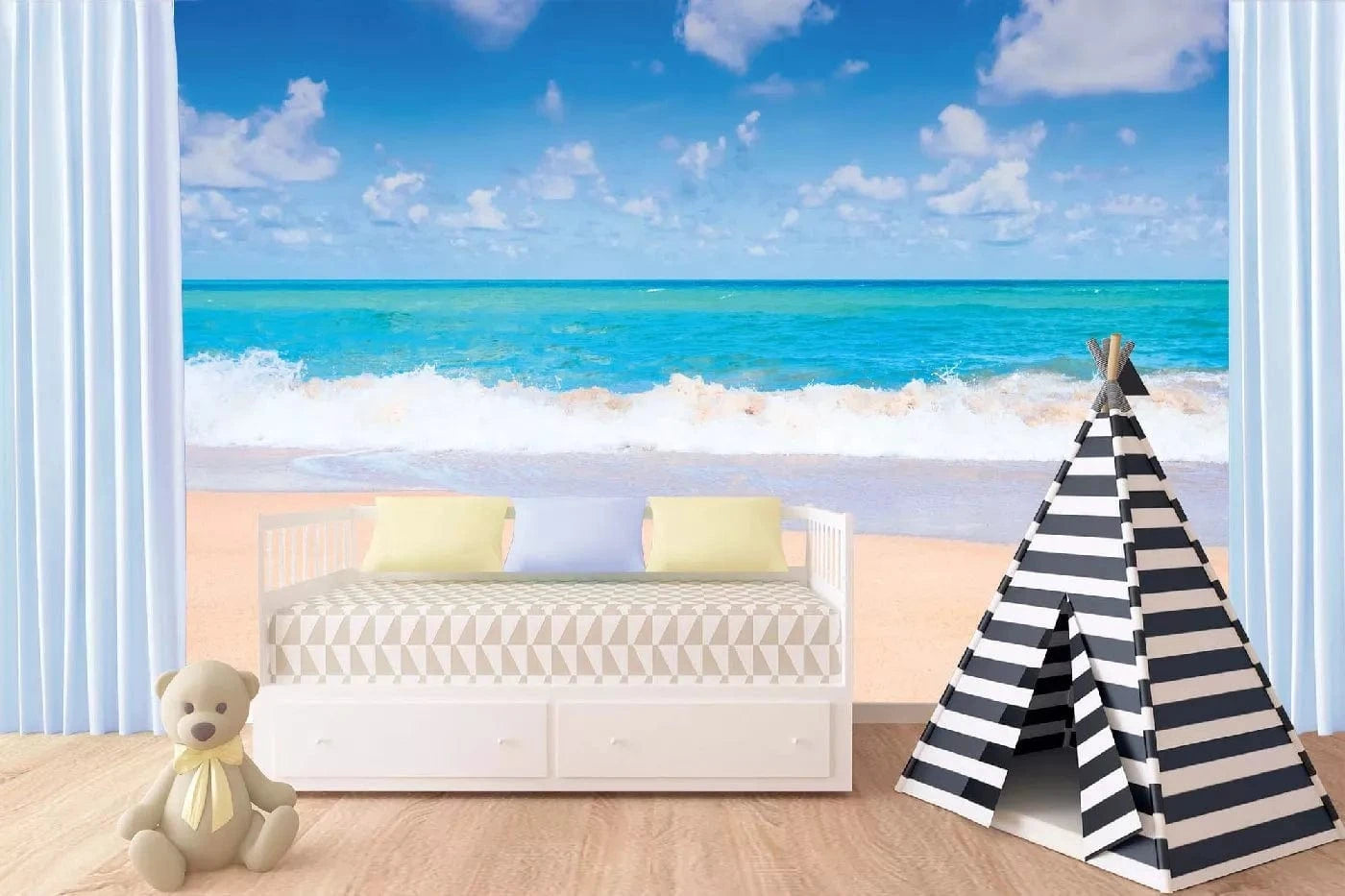 Fototapetes ar vasaras jūru - Pludmales diena, zila/bēša, 375x250 cm D-ART