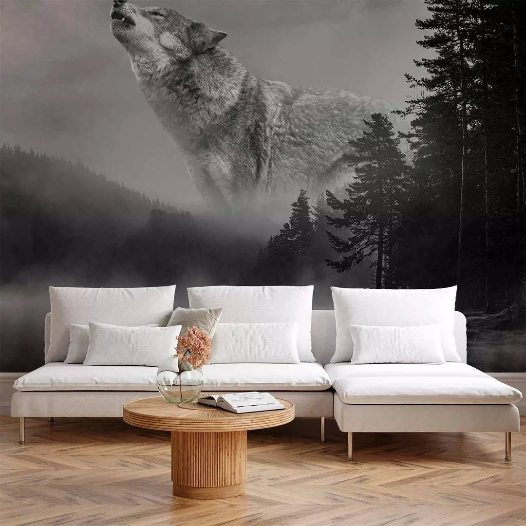 Fototapetes ar vilku pelēkos toņos - Meža noslēpumi G-ART