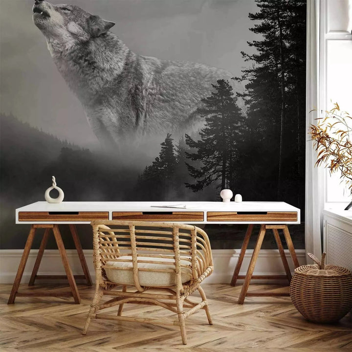 Fototapetes ar vilku pelēkos toņos - Meža noslēpumi G-ART