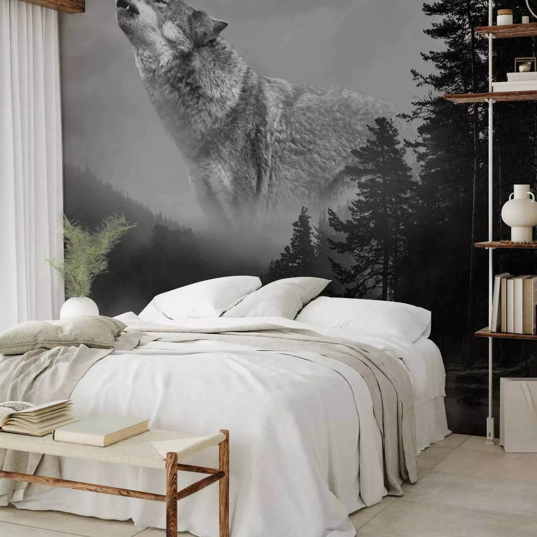 Fototapetes ar vilku pelēkos toņos - Meža noslēpumi G-ART