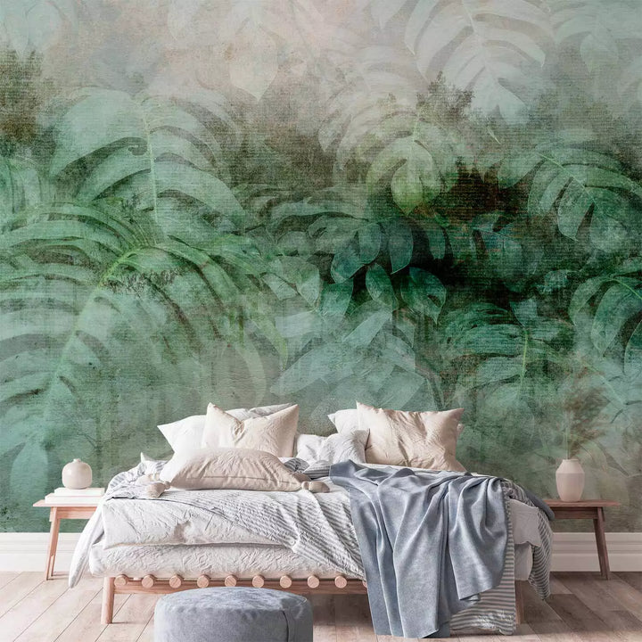 Fototapetes ar zaļam lapām - abstrakts džungļu motīvs ar lapām miglā G-ART