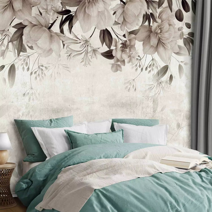 Fototapetes viesistabai ar ziediem - ziedu kompozīcija pelēkā krāsā  G-ART