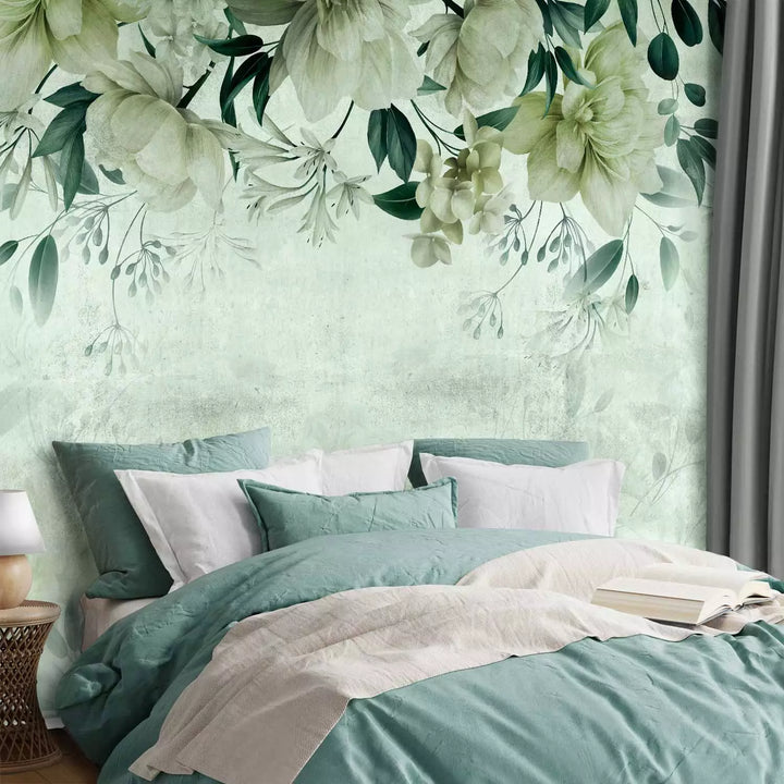 Fototapetes guļamistabai ar ziediem - ziedu kompozīcija zaļos toņos G-ART