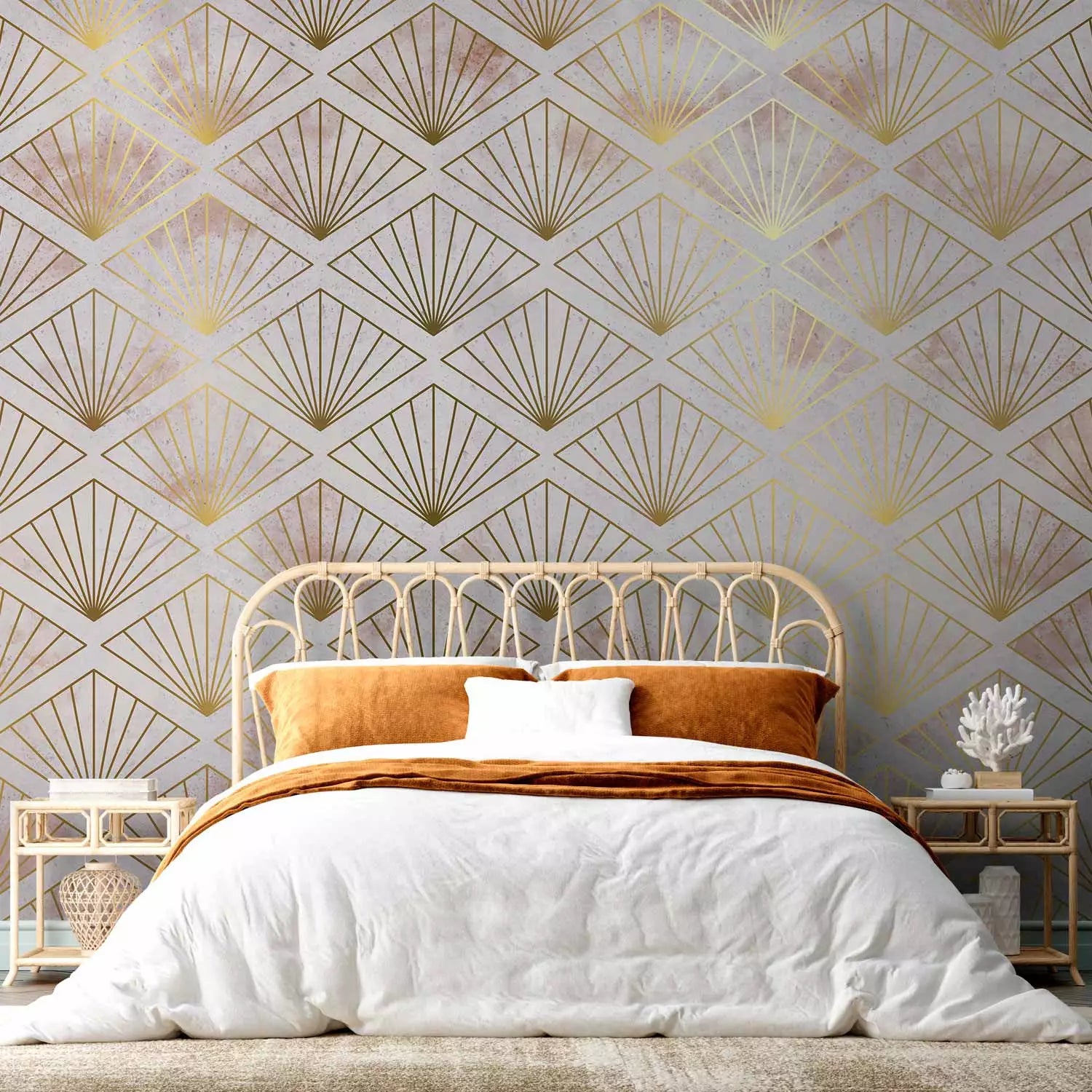 Fototapetes istabai - Art Deco zelta ornaments uz roza fona G-ART