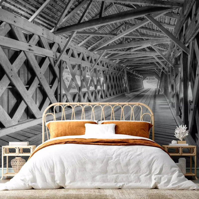 Wall Murals - Old Memory Bridge - Black and white wooden bridge architecture G -art