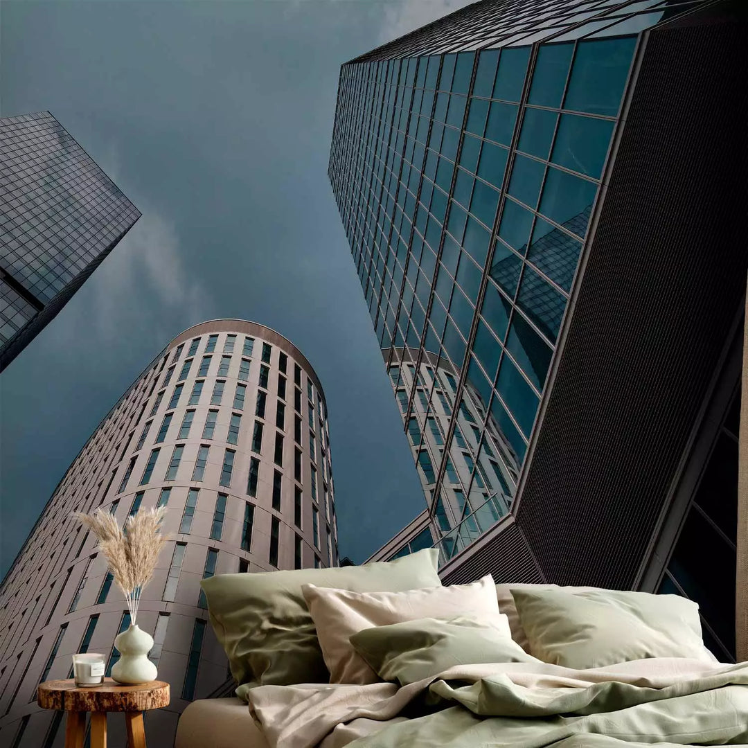 Fototapetes mūsdienīgai guļamistabai - Augstas stiklotas ēkas, zilā G-ART