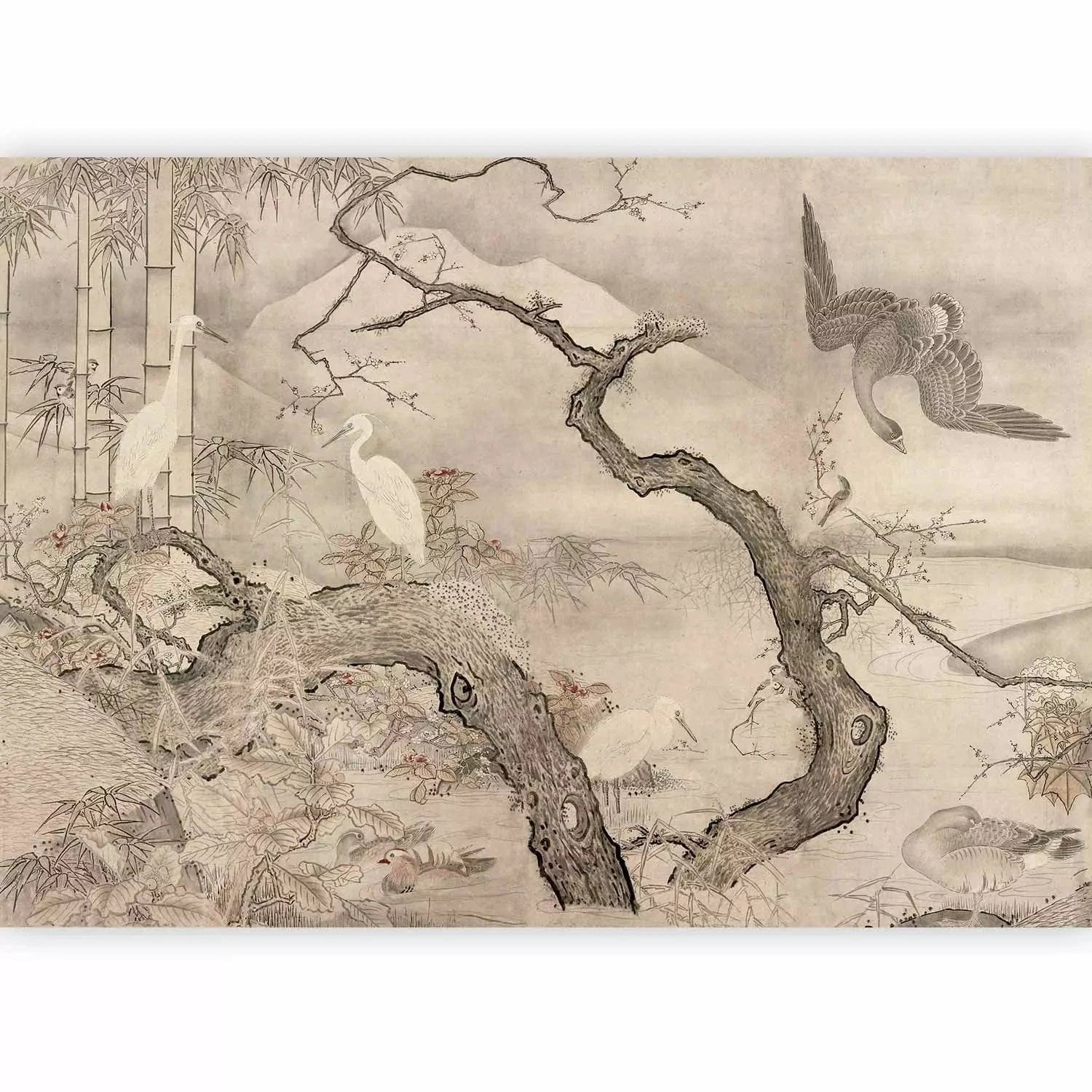 Fototapetes ar dabu - mierīga ainava ar ezeru, kalniem un miglu G-ART