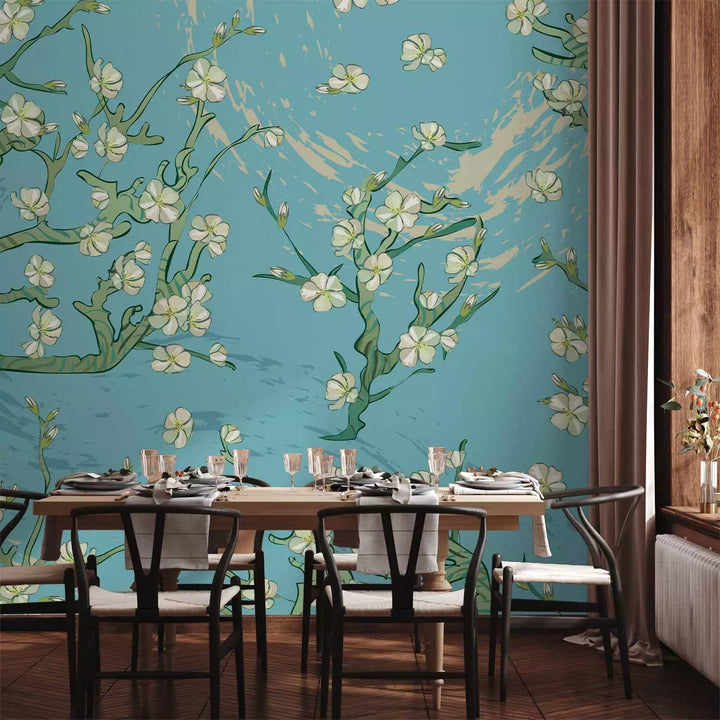 Fototapetes austrumu stilā - ziedošs mandeļu koks uz zila fona G-ART