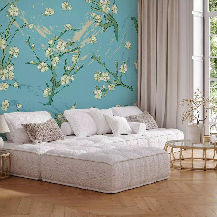 Fototapetes austrumu stilā - ziedošs mandeļu koks uz zila fona G-ART