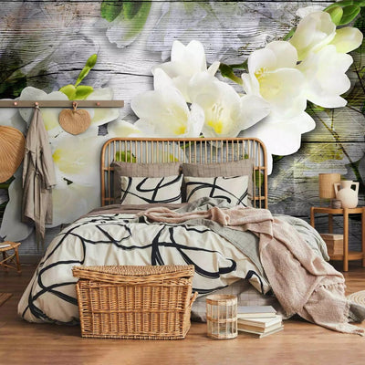 Wall Murals with white freesia on wood, 61853 - order online G -art