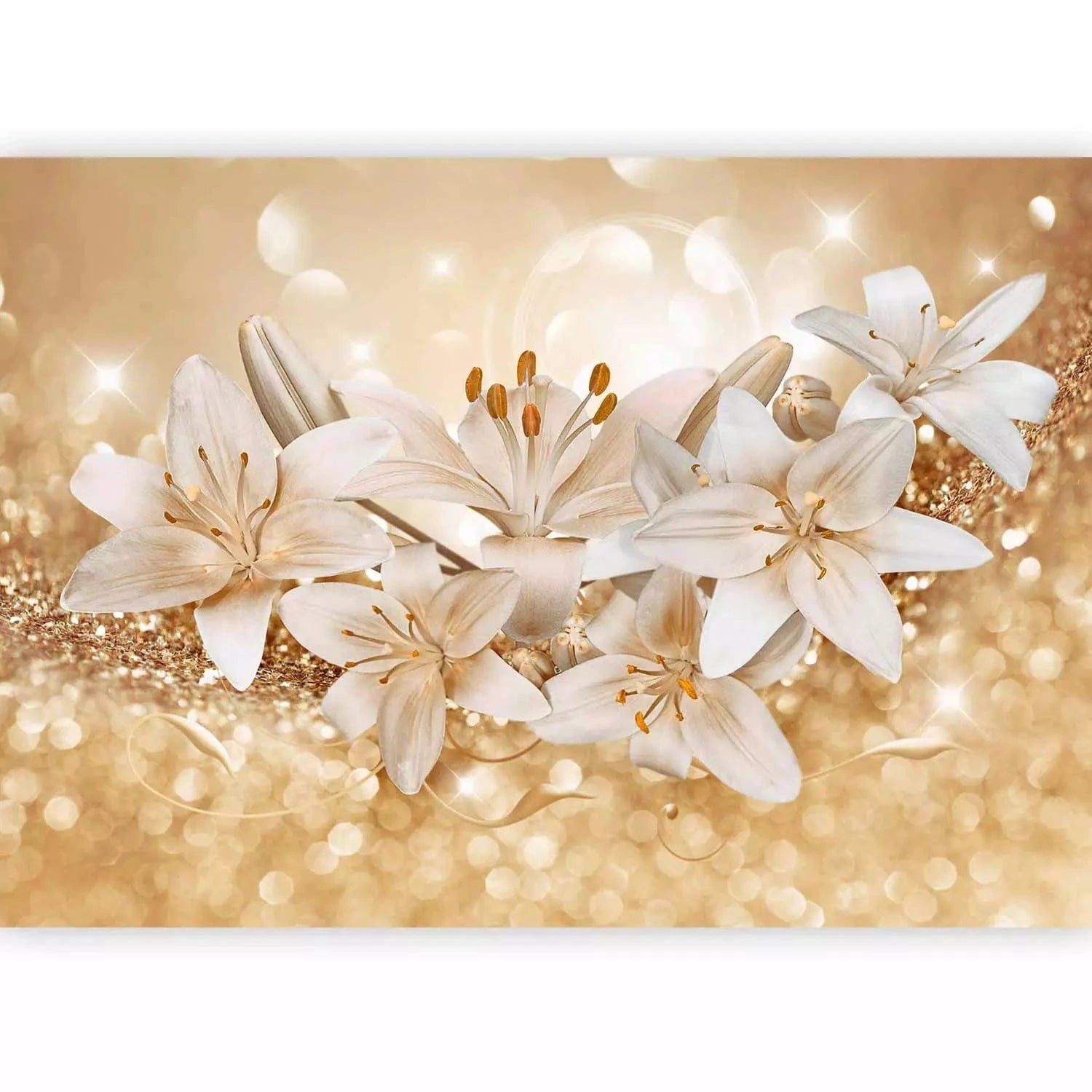 Fototapetes - baltas lilijas uz mirdzoša zelta fona - ekoloģiskas G-ART