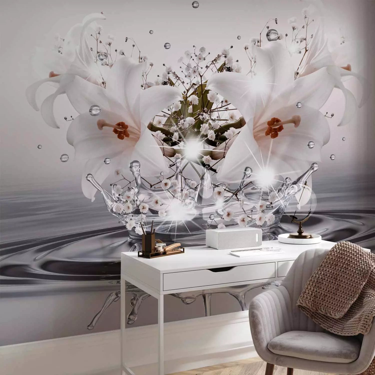 Fototapetes - baltas lilijas uz ūdens virsmas, pelēkos toņos G-ART