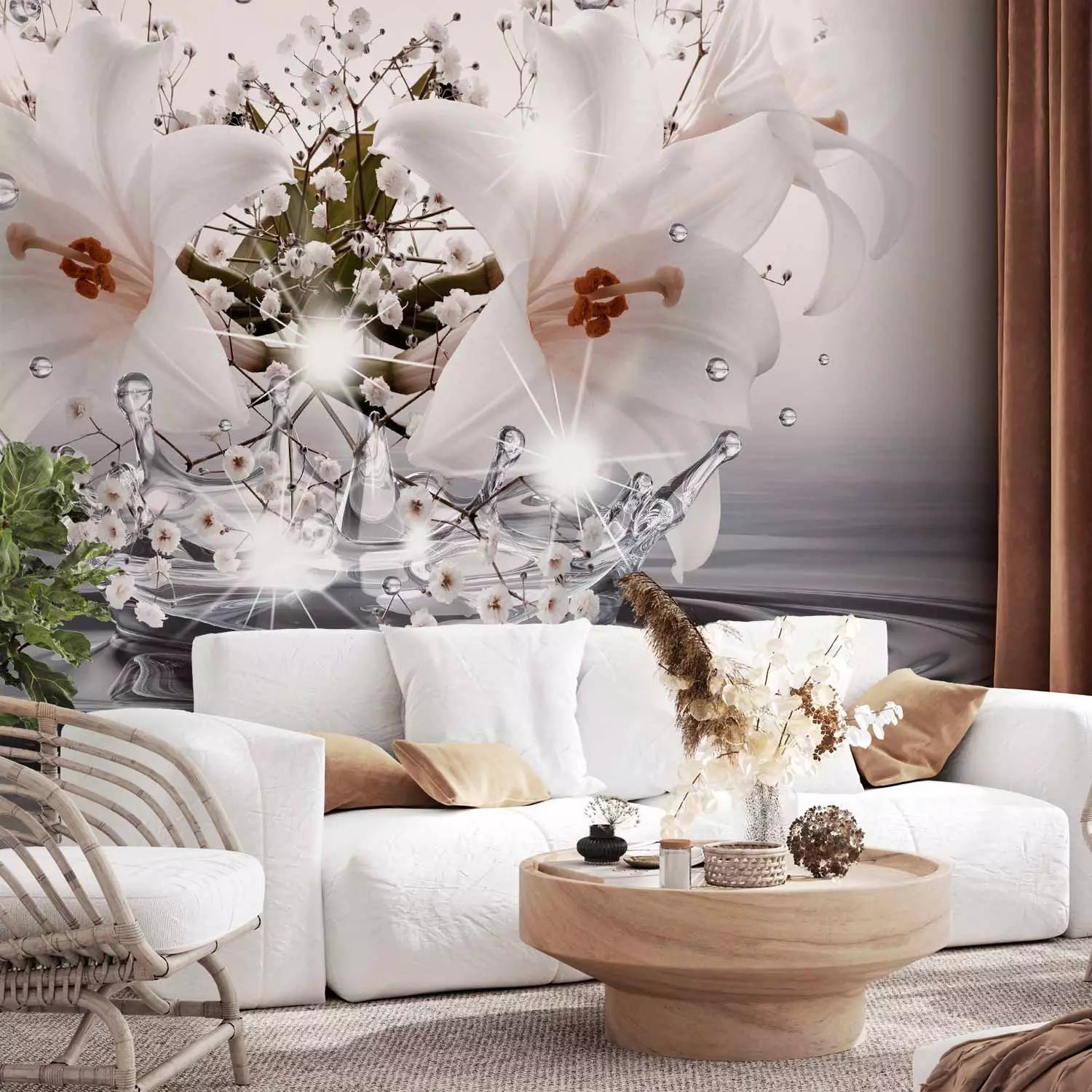 Fototapetes - baltas lilijas uz ūdens virsmas, pelēkos toņos G-ART