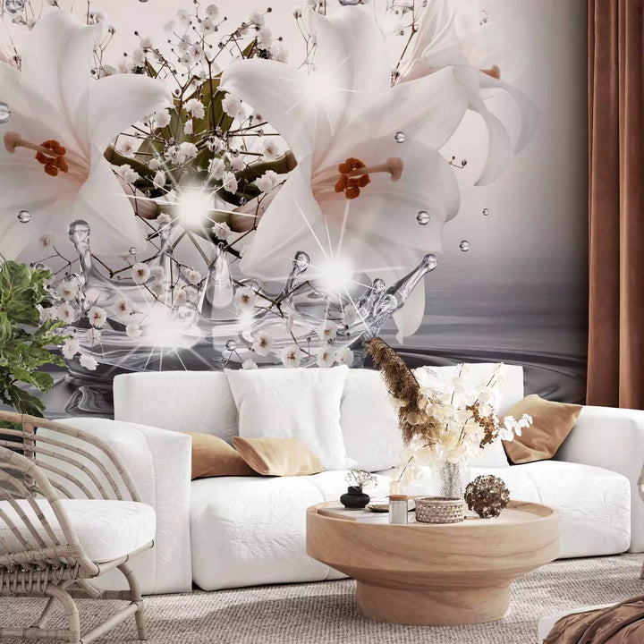Fototapetes - baltas lilijas uz ūdens virsmas, pelēkos toņos G-ART