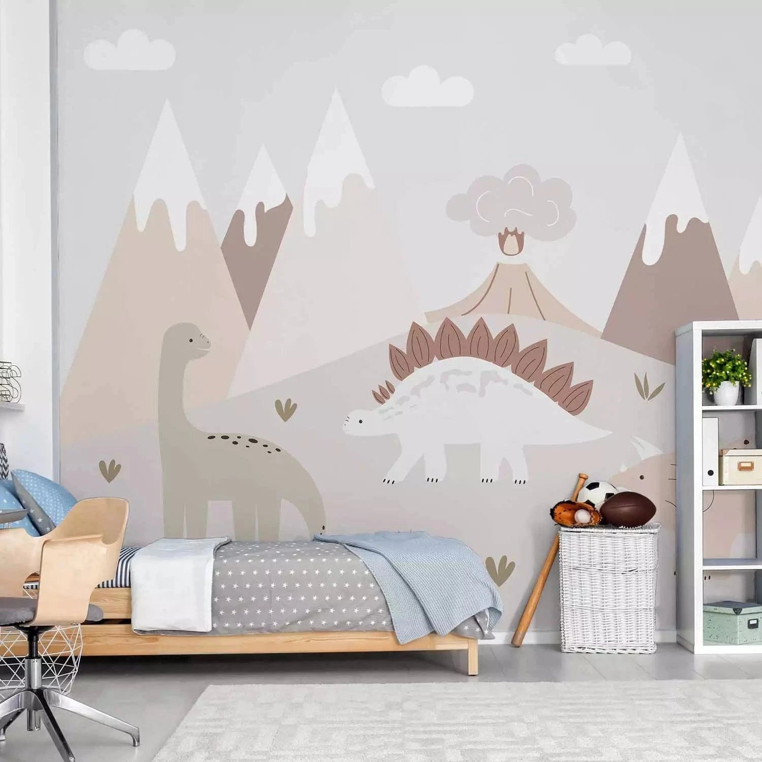 Fototapetes bērniem - dinozauri un kalnu ainavā ar vulkānu, pelēkā G-ART