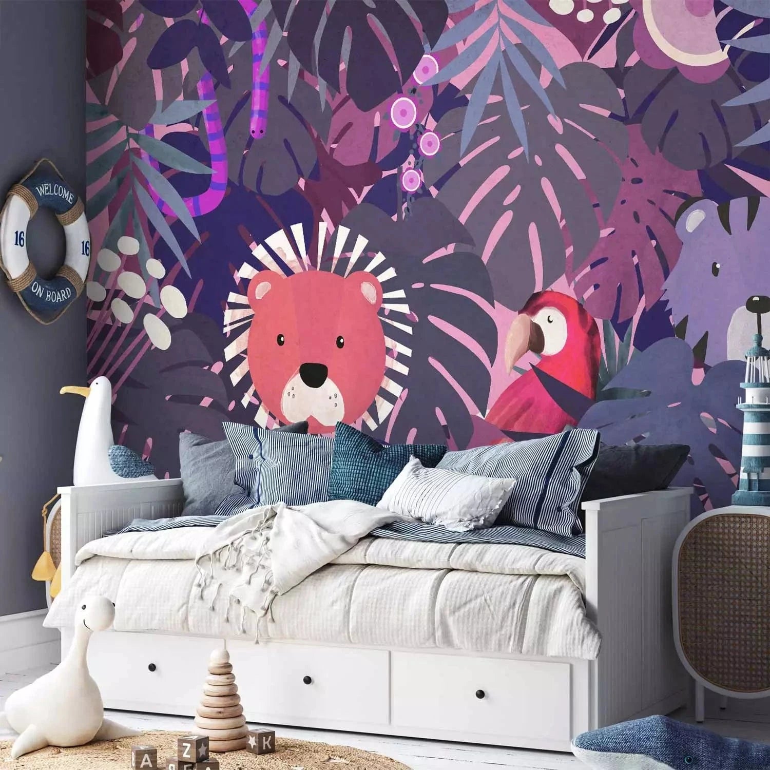 Fototapetes bērnistabai - Džungļi – motīvs ar violetam lapām G-ART