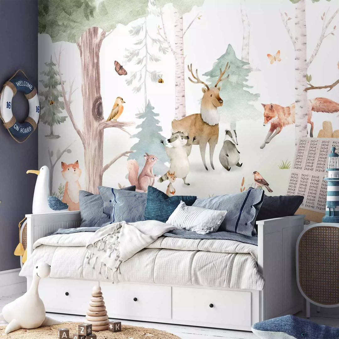 Bērnu fototapetes - Lācis māca citus dzīvniekus dabas lokā G-ART