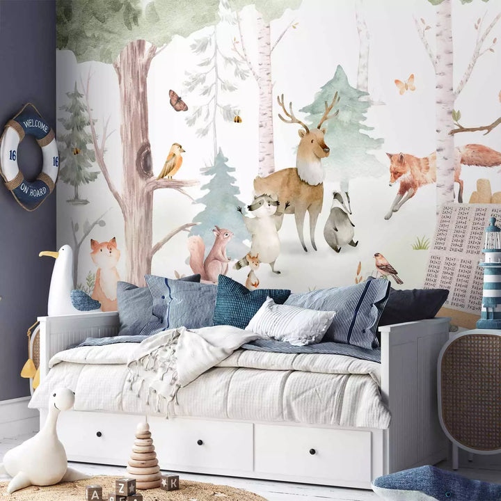 Bērnu fototapetes - Lācis māca citus dzīvniekus dabas lokā G-ART