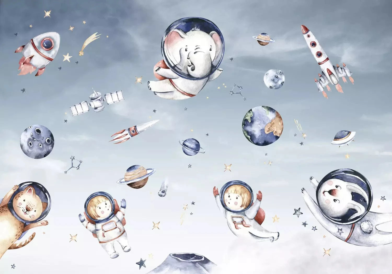 Fototapetes bērnistabai - Zilonis un kaķis kosmosā, zilos toņos G-ART