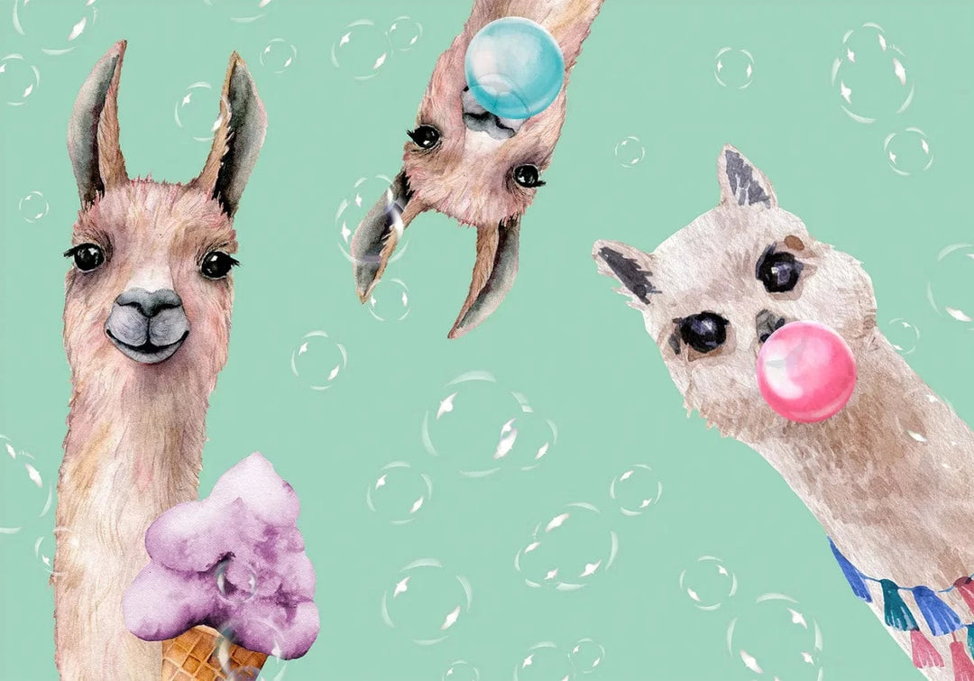 Fototapetes bērnu istabai - Jautras lamas uz zaļa fona - uz pasūtījumu G-ART
