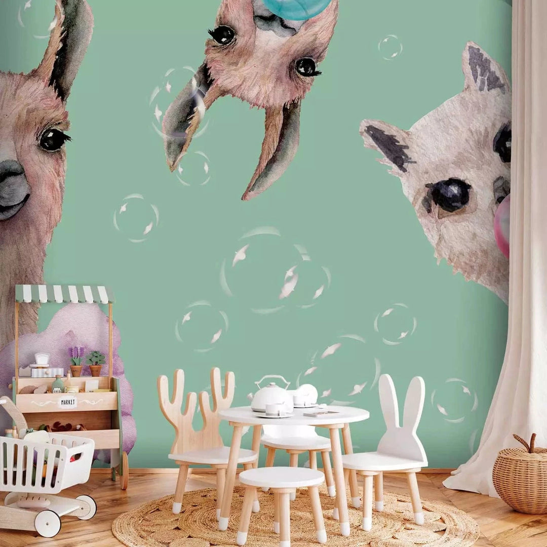 Fototapetes bērnu istabai - Jautras lamas uz zaļa fona - uz pasūtījumu G-ART