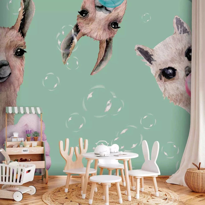 Fototapetes bērnu istabai - Jautras lamas uz zaļa fona - uz pasūtījumu G-ART