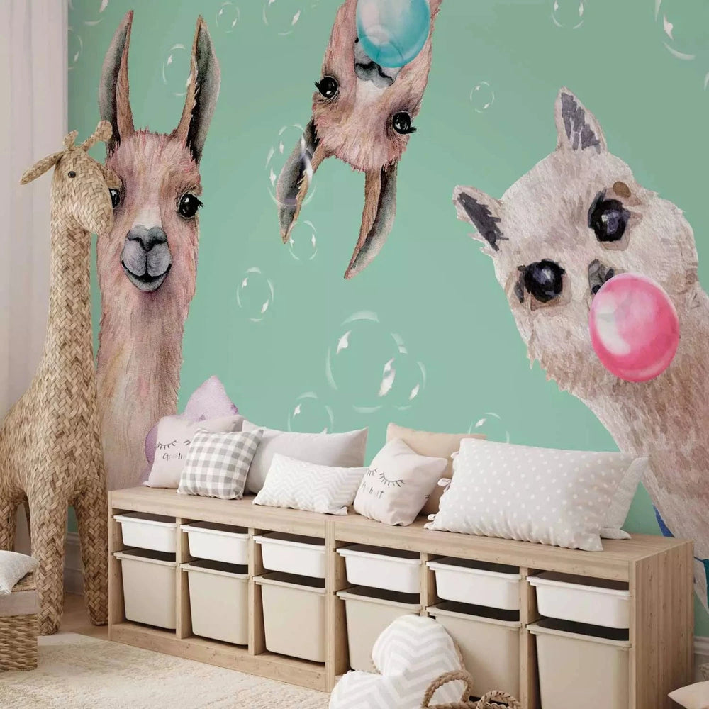 Fototapetes bērnu istabai - Jautras lamas uz zaļa fona - uz pasūtījumu G-ART