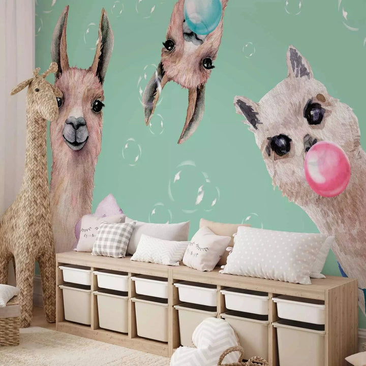 Fototapetes bērnu istabai - Jautras lamas uz zaļa fona - uz pasūtījumu G-ART