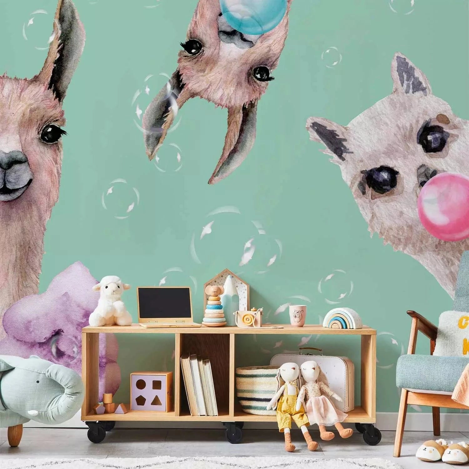 Fototapetes bērnu istabai - Jautras lamas uz zaļa fona - uz pasūtījumu G-ART