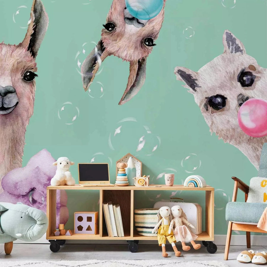Fototapetes bērnu istabai - Jautras lamas uz zaļa fona - uz pasūtījumu G-ART