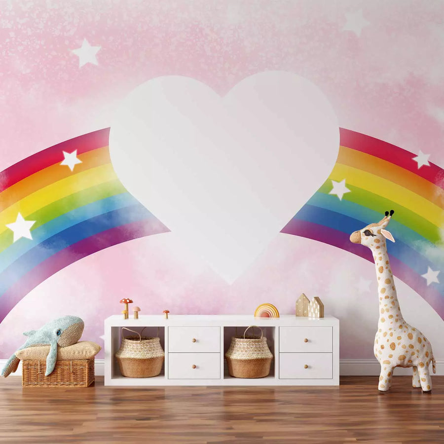 Fototapetes bērnu istabai - Sirds un krāsaina varavīksne mākoņos G-ART