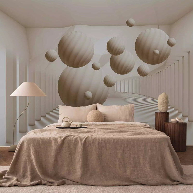 3D Valokuvatapetti - Hiekanväriset pallot varjolla valoisassa huoneessa, jossa on G-ART-pylväitä