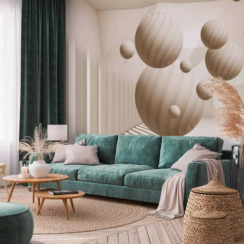 3D Wall Murals - Sand-colored spheres with a shadow in a bright room with G-ART columns