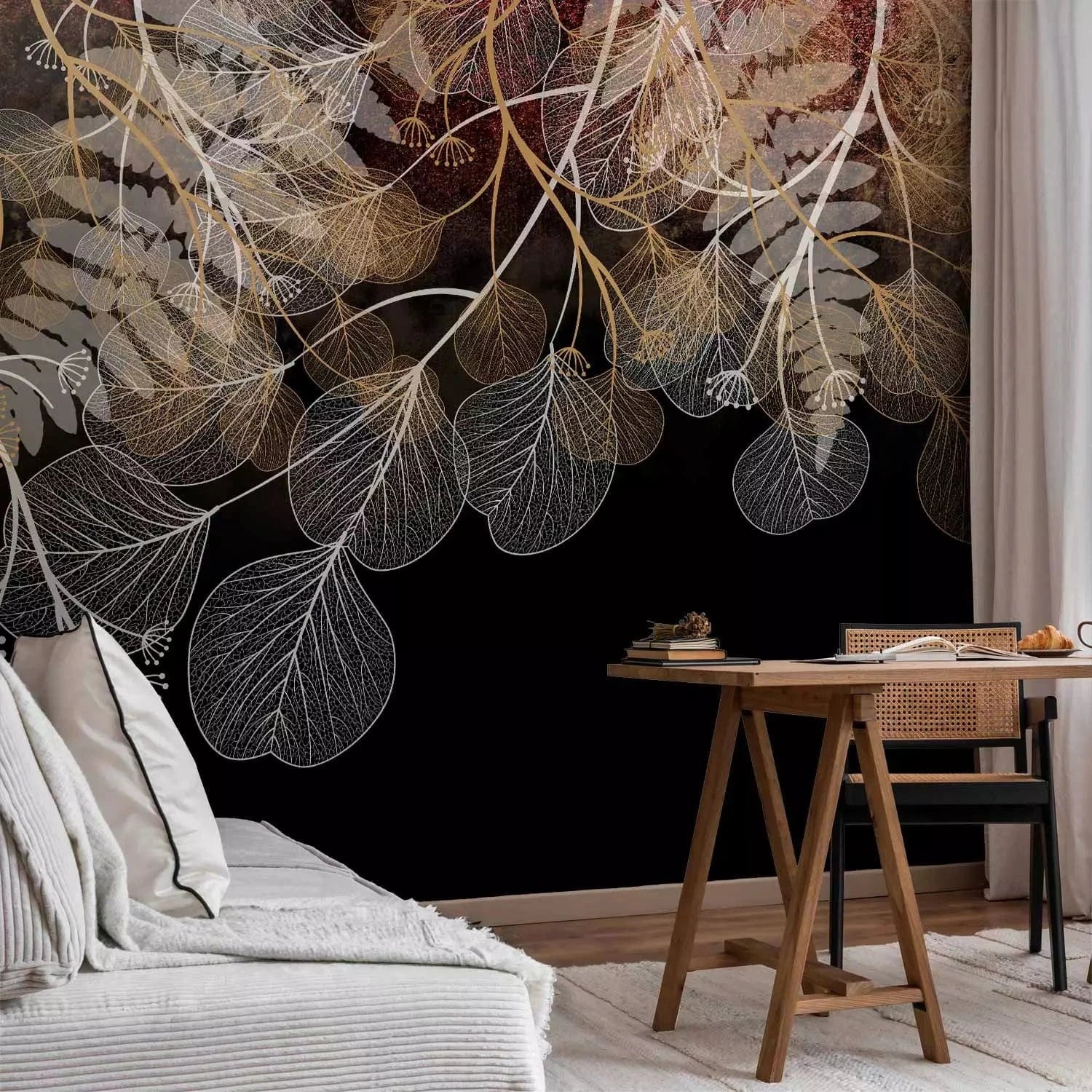 Fototapetes - lapu un ziedu kompozīciju uz melna fona, boho stils G-ART