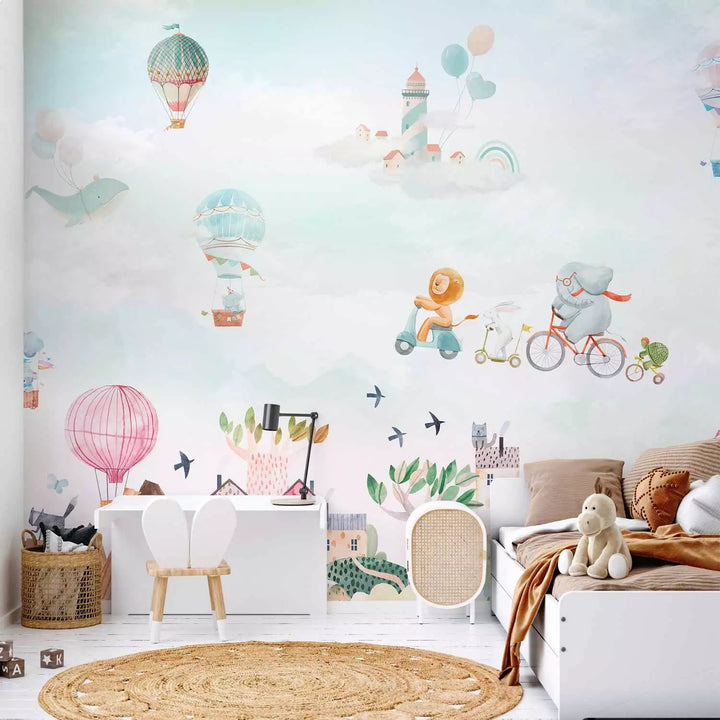 Fototapetes bērniem - Brīnumzeme - Dzīvnieki lido virs pilsētas G-ART