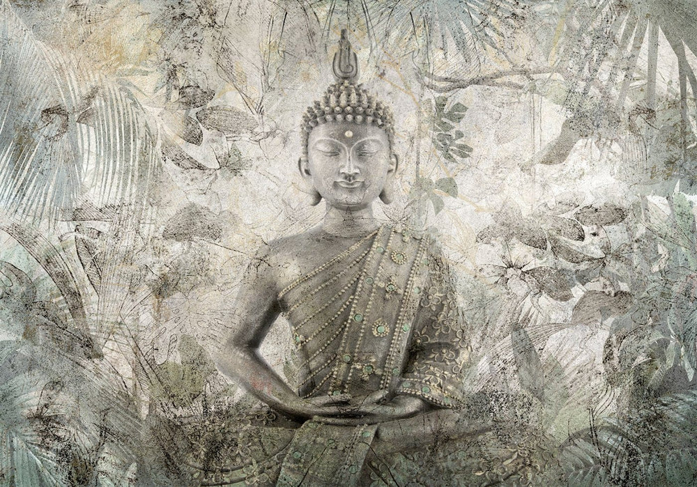 Fototapetes - Buddas attels uz tropiska fona ar lapām, zaļganpelēkā G-ART