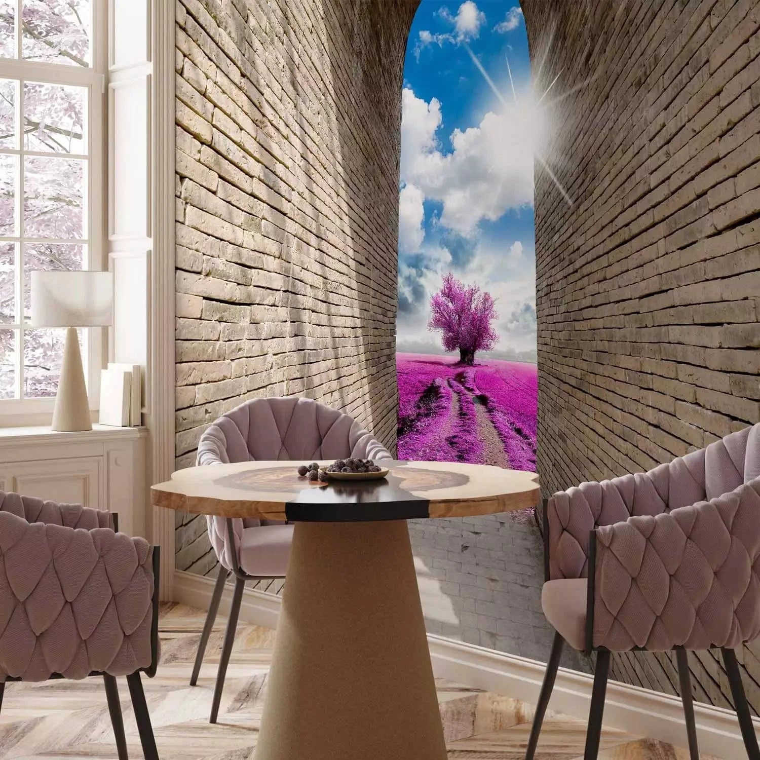 Fototapetes - lavandas lauks ar violetu koku un debesīm Tapetenshop.lv