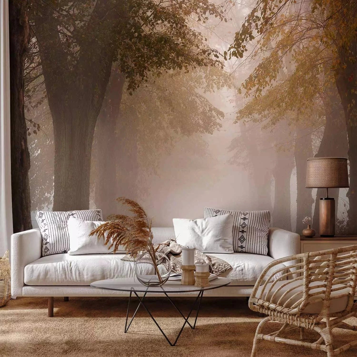 Fototapetes - Ceļš starp kokiem ar dzeltenām lapām miglā , 60514 G-ART