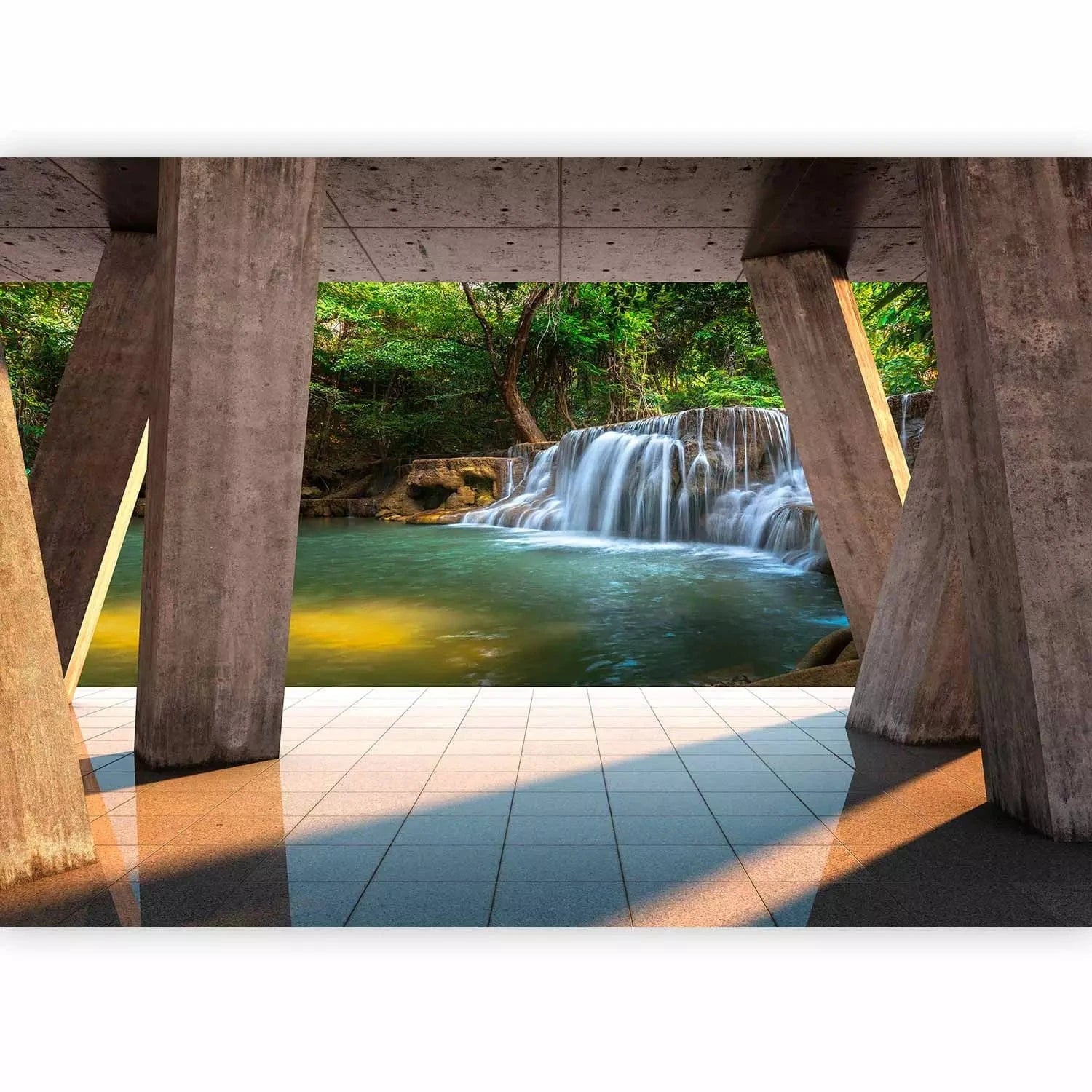 Fototapetes - daba ar mierīgu ūdenskritumu uz enerģisku džungļu fona G-ART