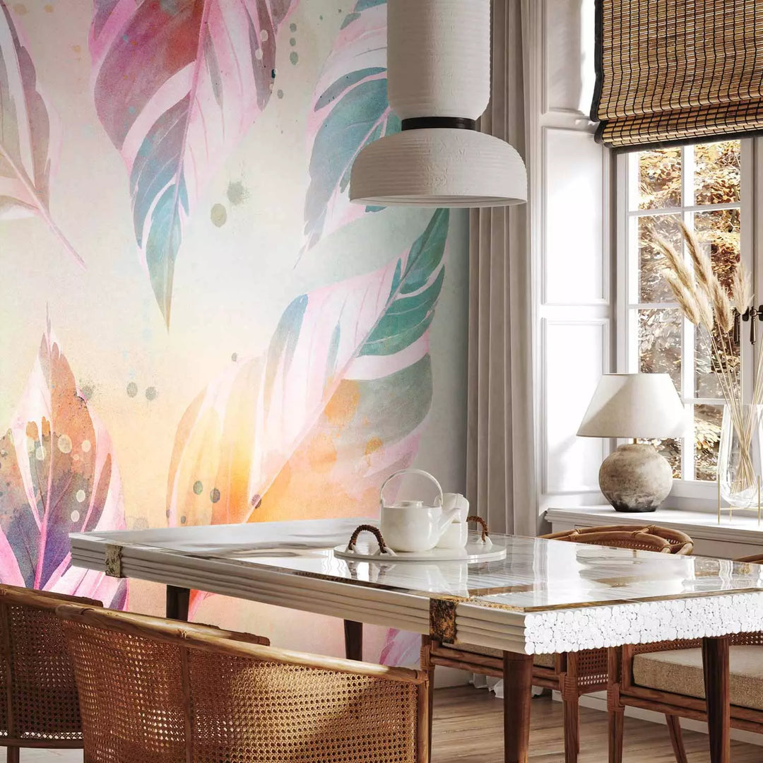 Fototapetes ar krāsainu lapu kompozīciju ar plankumainu efektu G-ART