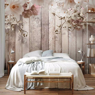 Wall Murals with flowers on a wooden background - natural beauty, 127809 G -art