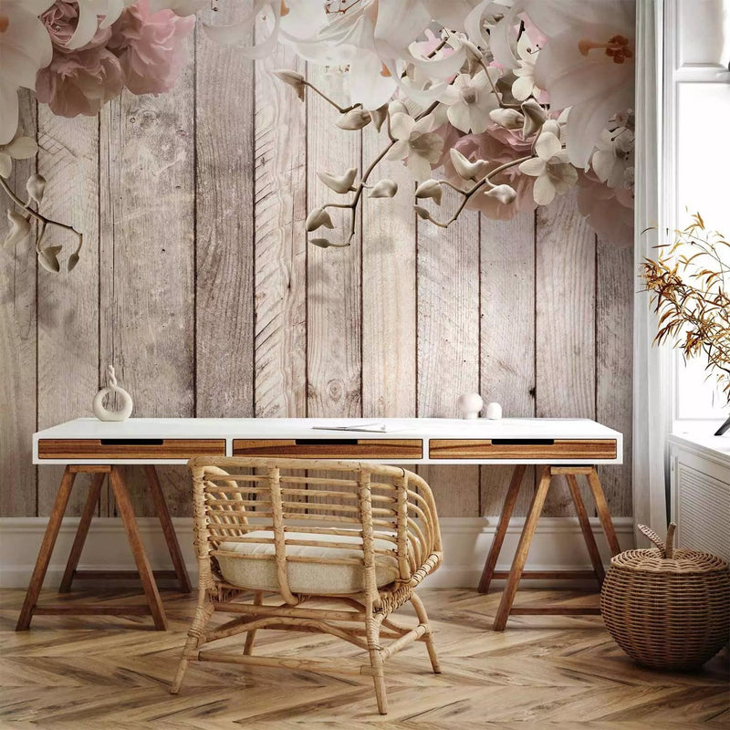 Wall Murals with flowers on a wooden background - natural beauty, 127809 G -art