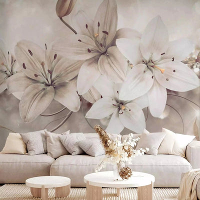 Wall Murals with grey lily and diamonds on ornamental background G-ART