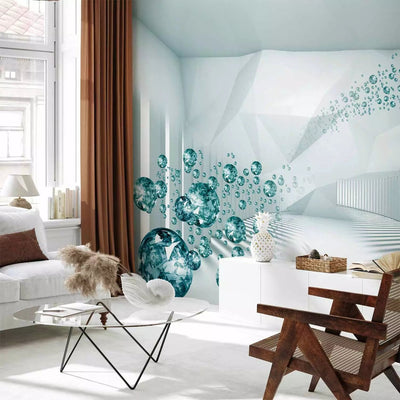 Wall Murals - white 3D geometric abstraction with blue diamonds G-ART