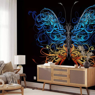 Fototapetes - krāsains tauriņš ar ornamentētiem spārniem uz melna fona G-ART