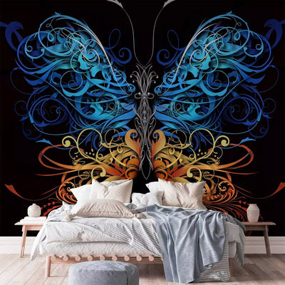 Fototapeet - värviline ornamenteeritud tiibadega liblikas mustal taustal G-ART