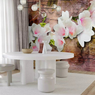 Wall Murals - Design: white freesia on brown wood texture, 62272g-art