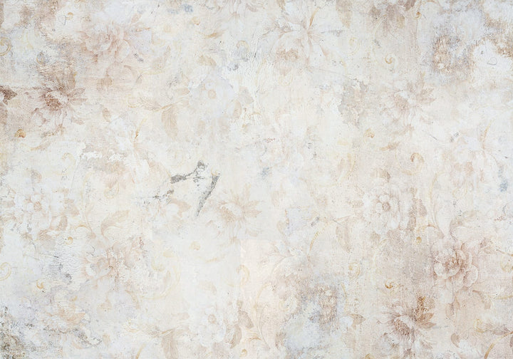 Light vintage style photo wallpaper with a delicate floral ornament and shabby plaster concrete texture in beige tones