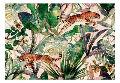 Fototapetes - Gepardi lec pāri eksotiskām lapām, 150969 G-ART